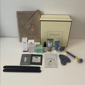 Jo Malone Box with 9 samples, 2 files, Gold Pouch and Blue Tools